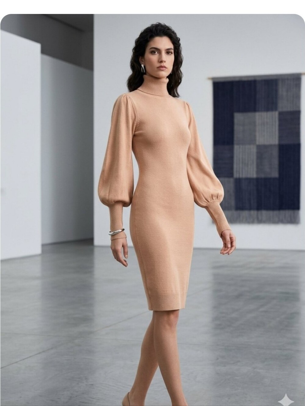 Turtleneck Puff-Sleeve Midi Dress